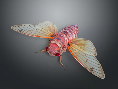 3D Rendered Red Cicada With Transparent Orange Veined Wings And Detailed Body Structure 3d model
