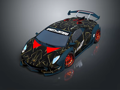 Speedhunters Themed Black Red Patterned Sports Car With Rear Spoiler Red Wheels 3d model