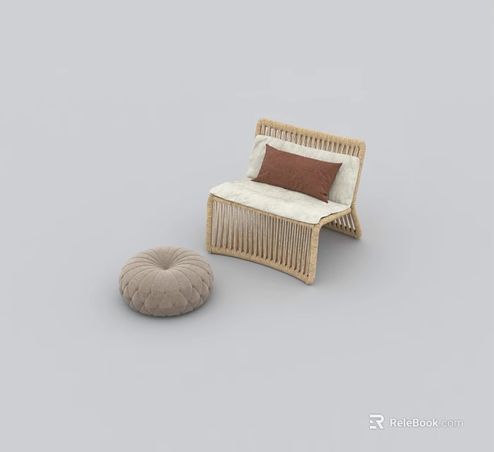 Modern Natural Wicker Leisure Chair With Brown Cushion And Beige Pouf 3d model 