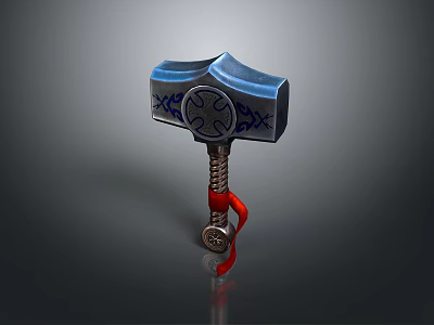Ornate Blue Hammer Weapon With Intricate Runes And Red Strapped Handle 3d model