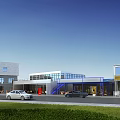 Modern Rural Self-built House With Glass Walls Car Parking Green Lawn And Blue Sky