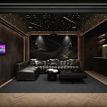 Home Theater Room Interior Design With Starry Ceiling Large Screen TV And Black Leather Sofa
