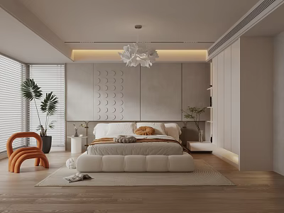 Modern Bedroom Interior With White Bed Circular Patterned Wall Orange Chair And Green Plant 3d model
