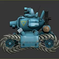 Blue Stylized Tank With Metallic Tracks Cannon Antennas And Yellow Triangle Emblem