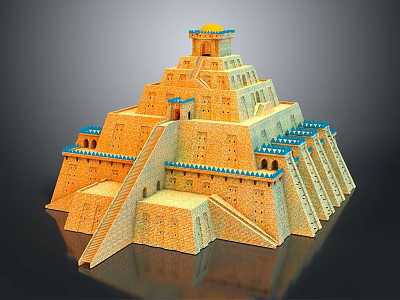 Pyramid Shaped Residential Building With Multi Level Structure Yellow Exterior And Blue Accents 3d model