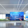 Modern Exhibition Hall Interior With Large Digital Screens Data Elements Sleek Floor And Grid Ceiling 3d model