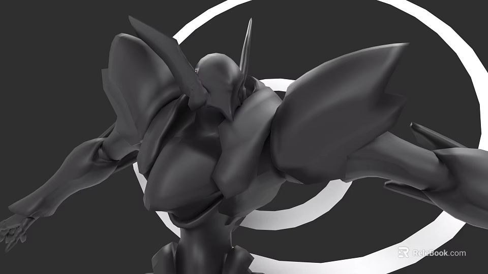 Black Armored Character And Mechanical Creature With Sharp Structures And White Circular Background 3d model 