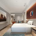 Elegant Modern Hotel Room Interior With King Bed Circular Wall Decor And Sofa Area