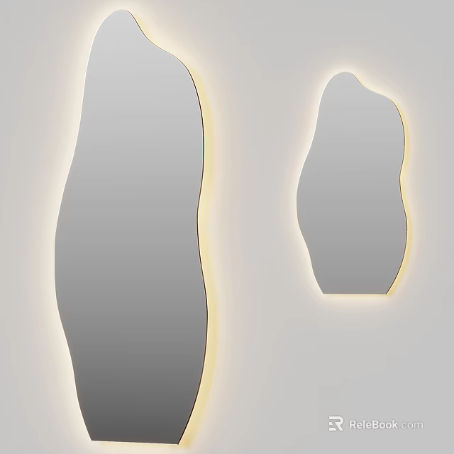 Irregular Shaped Mirrors With Yellow Border LED Lights On White Wall 3d model 