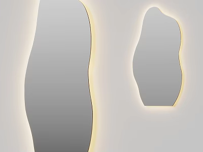Irregular Shaped Mirrors With Yellow Border LED Lights On White Wall 3d model