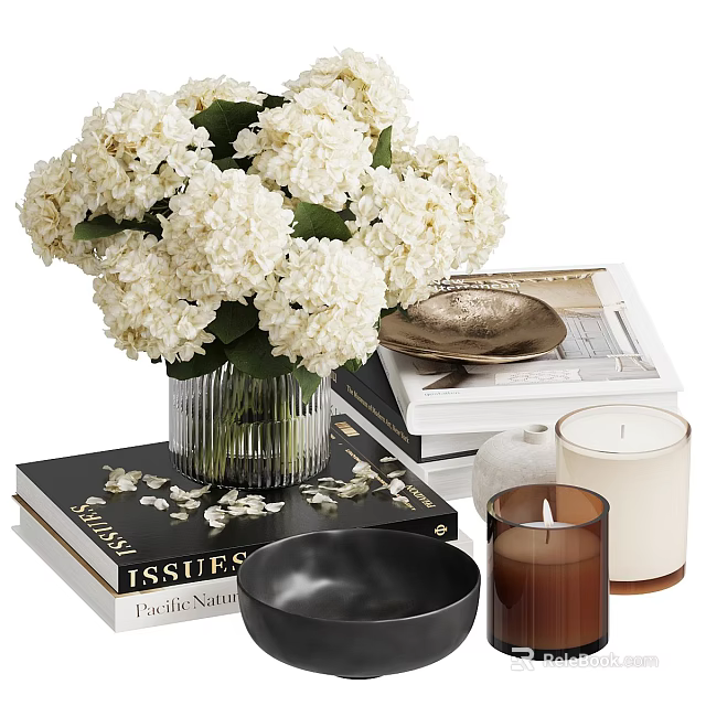 Decorative Ornament Set with White Hydrangea Glass Vase Books Black Bowl Gold Plate and Candles 3d model 