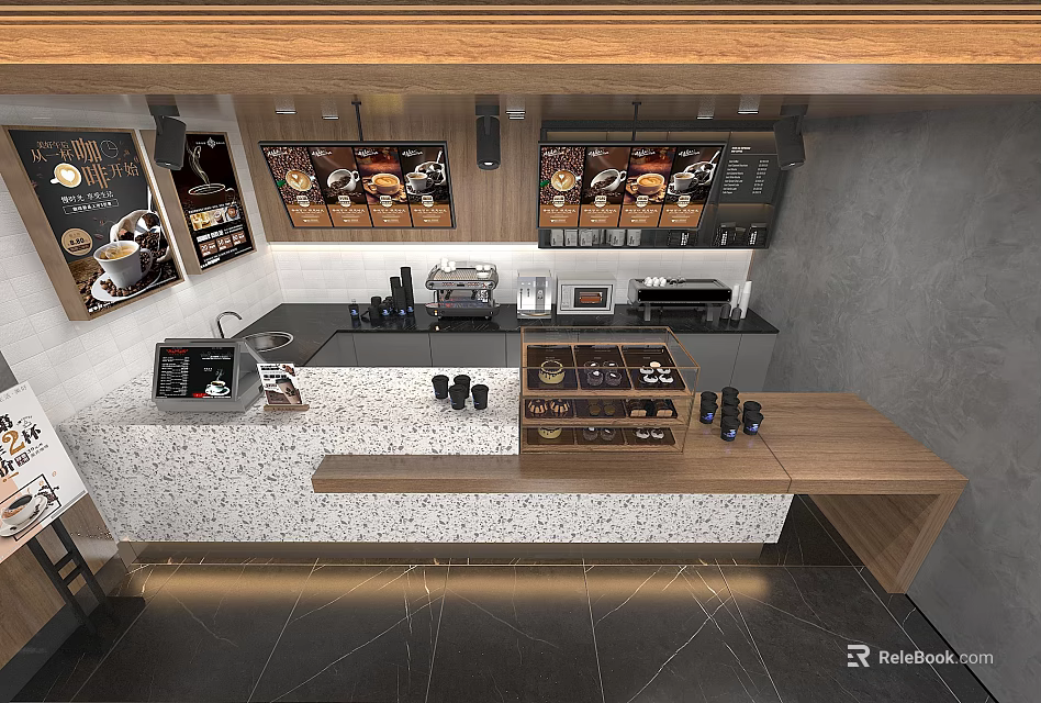 Modern Café Interior With Coffee Machines Display Shelves And Stone Countertop 3d model 