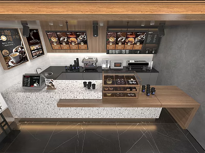 Modern Café Interior With Coffee Machines Display Shelves And Stone Countertop 3d model
