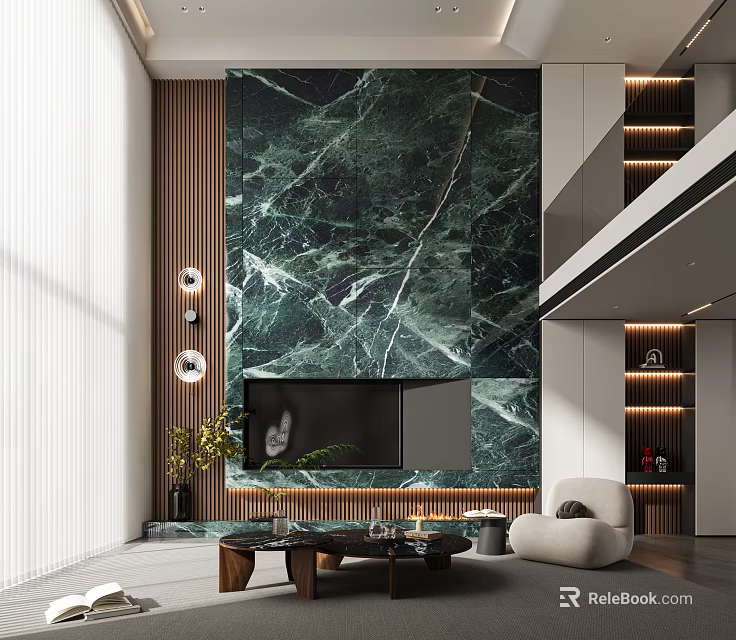 Modern Duplex Living Room Interior Design With Marble Accent Wall And TV 3d model 