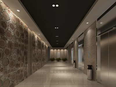 Elevator Hallway with Black Ceiling Recessed Lights Stone Wall Elevator Doors and Green Plants 3d model