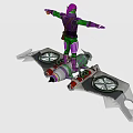 Game Character in Purple Tights With Green Sleeves Brown Pouch and Hover Device Arms Outstretched