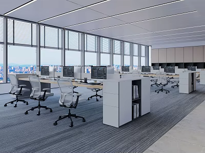 Modern Public Office Space With Large Windows City View Workstations Computers And Office Chairs 3d model