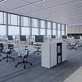 Modern Public Office Space With Large Windows City View Workstations Computers And Office Chairs 3d model