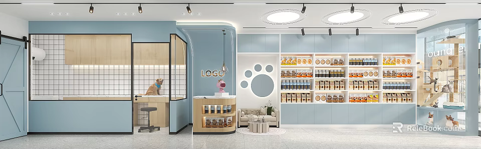 Pet Store In Mall With Blue Decor Display Shelves And Pet 3d model 
