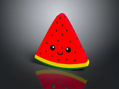 Red Watermelon Slice With Black Seeds Yellow Green Edge Smiling Face On Black Background Reflection 3d model