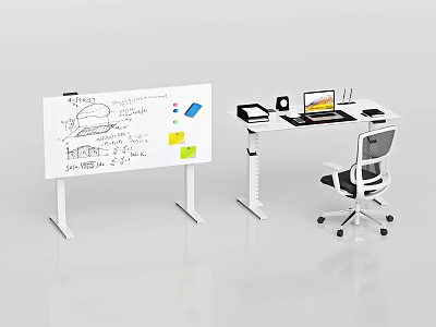 Adjustable Height Desk and Wheeled Office Chair Set with Laptop Lamp Sticky Notes and Whiteboard 3d model