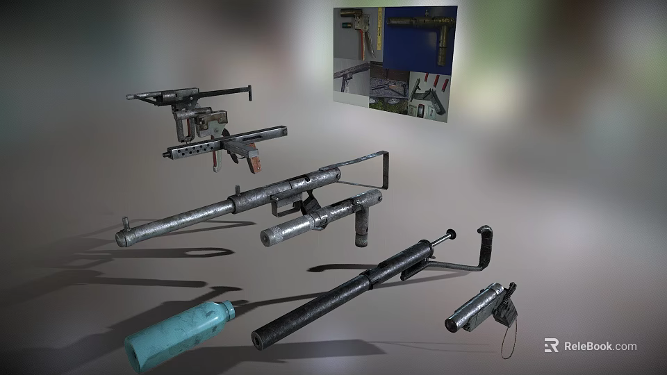 Various Types of Metal Weapons Featuring Barrels Handles and Unique Structural Designs 3d model 