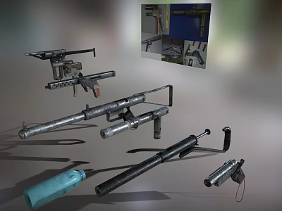 Various Types of Metal Weapons Featuring Barrels Handles and Unique Structural Designs 3d model