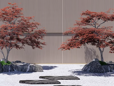 Garden Decorative Feature With Red Maple Trees Striped Wall Stone Path And Rocks 3d model