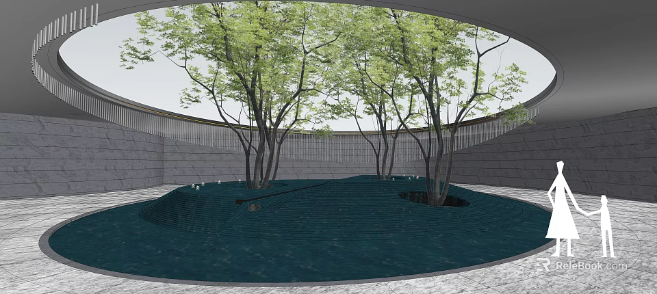 Elegant Outdoor Pergola With Green Trees Blue Ground And Surrounding Wall Structure 3d model 