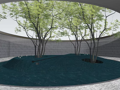 Elegant Outdoor Pergola With Green Trees Blue Ground And Surrounding Wall Structure 3d model