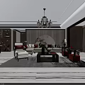 Modern Dining and Living Room Interior With Chandelier Red Chairs Sofa and Large Windows