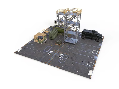 Military Scene With Metal Tower Green Container Yellow Crate Black Vehicle And Gray Platform 3d model