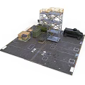 Military Scene With Metal Tower Green Container Yellow Crate Black Vehicle And Gray Platform