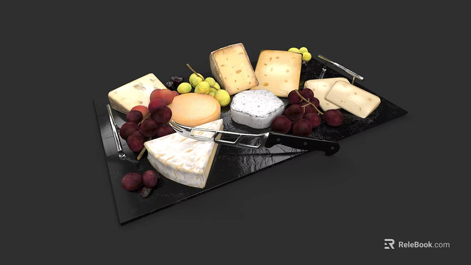 Assorted Cheese Platter with Various Cheeses Fresh Grapes and Cheese Knife 3d model 