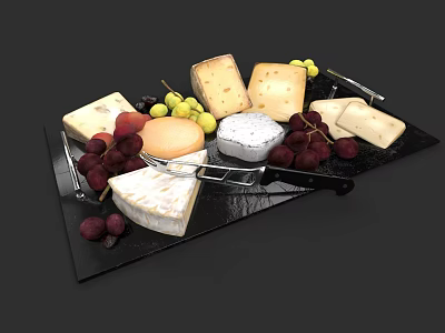 Assorted Cheese Platter with Various Cheeses Fresh Grapes and Cheese Knife 3d model