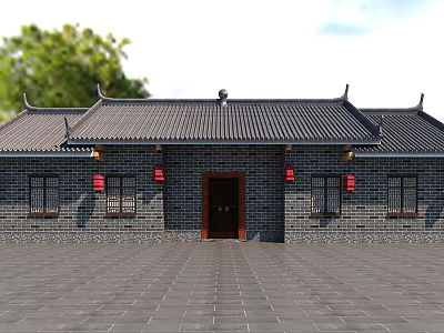 Traditional Chinese Ancient Architecture With Gray Brick Walls Black Tiled Roof Red Door And Lanterns 3d model