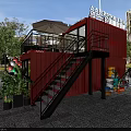 Red Two Story Container Cafe With Outdoor Seating Balloons Motorcycle Trees And High Rise Buildings