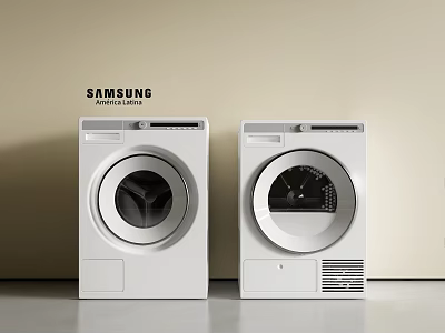 Two Samsung White Front Load Washing Machines In Modern Home Setting 3d model