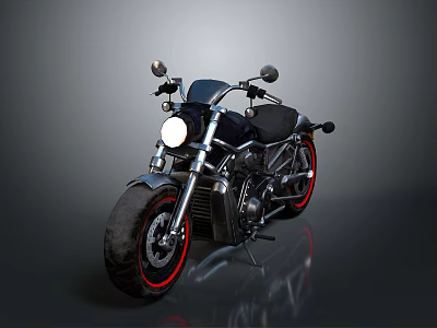 Sleek Black Cruiser Motorcycle With Round Headlight Red Rims And Dual Mirrors 3d model