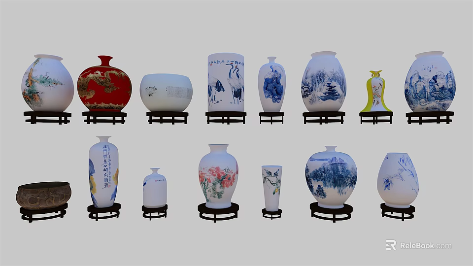 Various Decorative Ceramic Vessels With Floral And Landscape Patterns On Stands 3d model