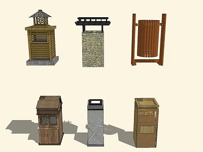 Diverse Public Facilities Including Trash Bins Lamp Posts And Kiosks In Various Designs 3d model