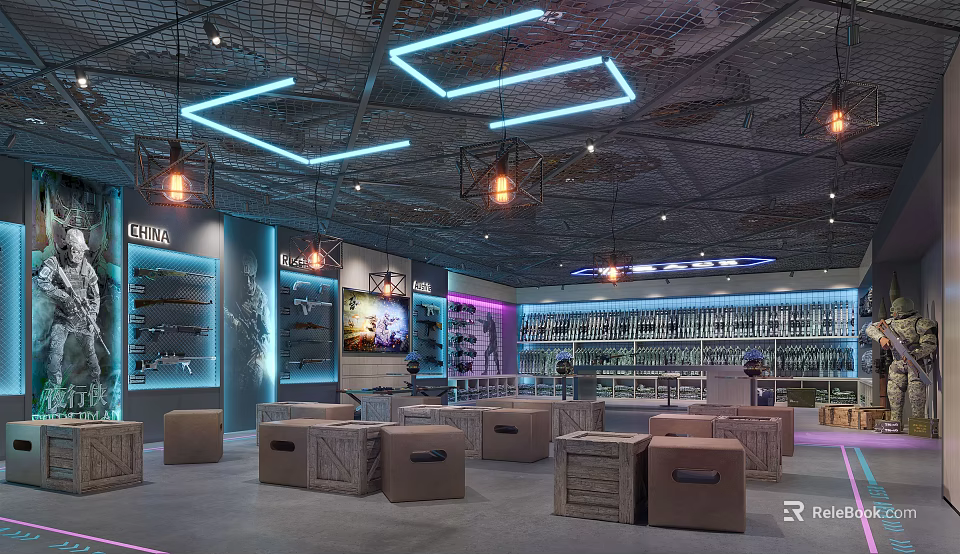 Modern Retail Display Space With Blue Purple Neon Lights Geometric Ceiling Industrial Style Wooden Tables And Shelves 3d model 