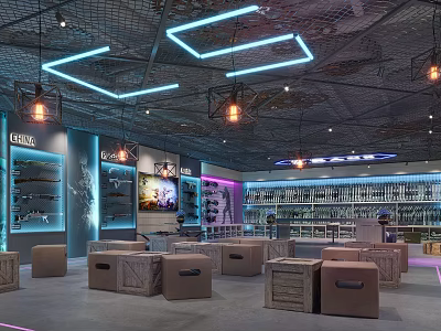 Modern Retail Display Space With Blue Purple Neon Lights Geometric Ceiling Industrial Style Wooden Tables And Shelves 3d model