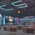 Modern Retail Display Space With Blue Purple Neon Lights Geometric Ceiling Industrial Style Wooden Tables And Shelves