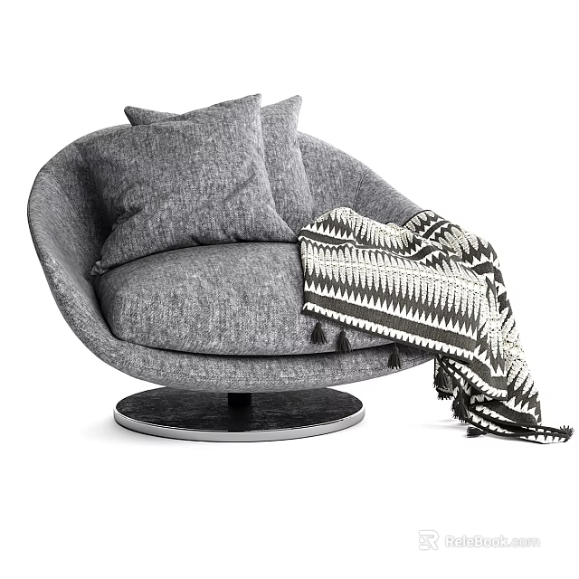 Gray Upholstered Accent Chair With Cushions And Black White Geometric Blanket On Round Base 3d model 