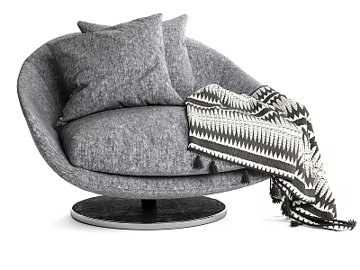 Gray Upholstered Accent Chair With Cushions And Black White Geometric Blanket On Round Base 3d model