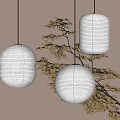Woven Pendant Lights With Round And Cylindrical Shapes And Golden Leaf Branches On Dark Background
