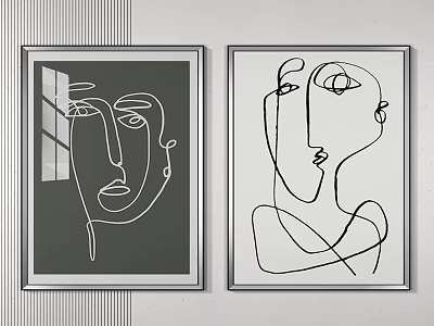 Two Minimalist Abstract Line Art Facial Portraits with Black Frames Hanging on Wall 3d model