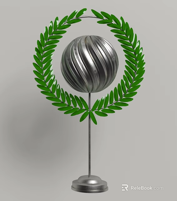 Decorative Ornament Set Featuring Silver Spiral Sphere And Green Leaf Wreath On Metal Stem 3d model 