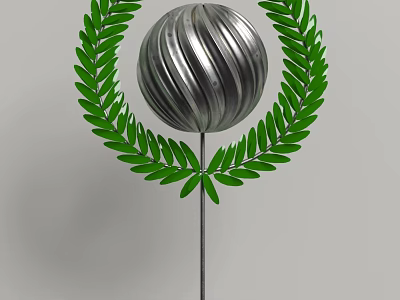 Decorative Ornament Set Featuring Silver Spiral Sphere And Green Leaf Wreath On Metal Stem 3d model